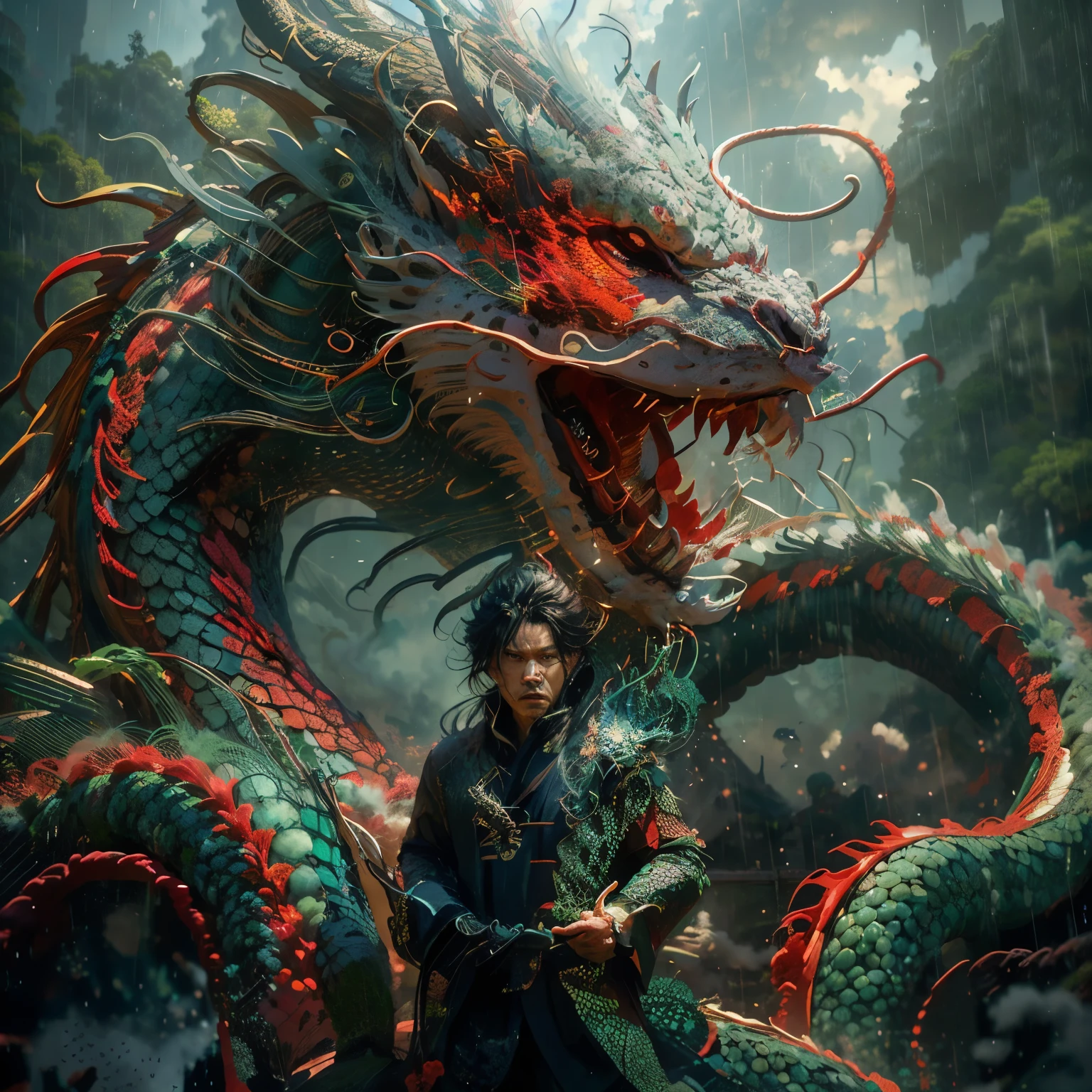 Es steht ein Mann neben einer Drachenstatue im Regen., Mann mit der Seele eines Drachen, Drache im Hintergrund, Chinesischer Drache concept art, Chinesische Fantasie, yiqiang and shurakrgt, Mensch und Drache Fusion, Wlop und Ross Tran, lang, Extrem detaillierte digitale Kunst, Chinesischer Drache, Drachenkunst, von Yang J