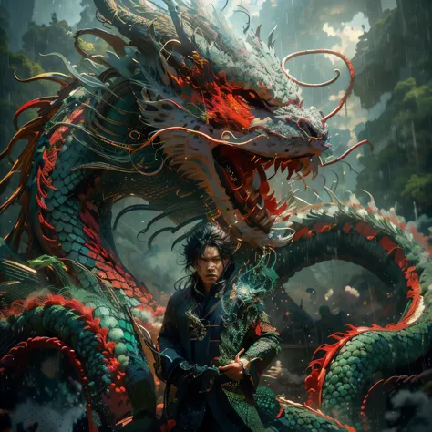 there is a man standing next to a dragon statue in the rain, man with the soul of a dragon, dragon in the background, chinese dr...