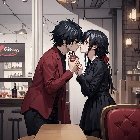 a man and a woman (red eye) in black casual clothes kissing each other on the lips in a restaurant decorated for Valentine's Day...