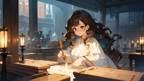 Cute female merchant selling magical items in a busy market,fantasic world,wearing robe,many goods display,masterpiece,soft line...