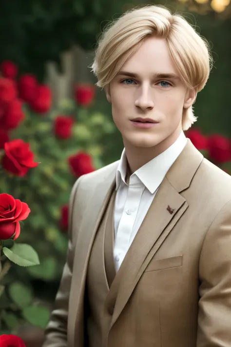 a young man, golden blonde hair, valentines suit with rose, whole body, in castle, masterpiece, realistic, 8k, detailed, in a ga...