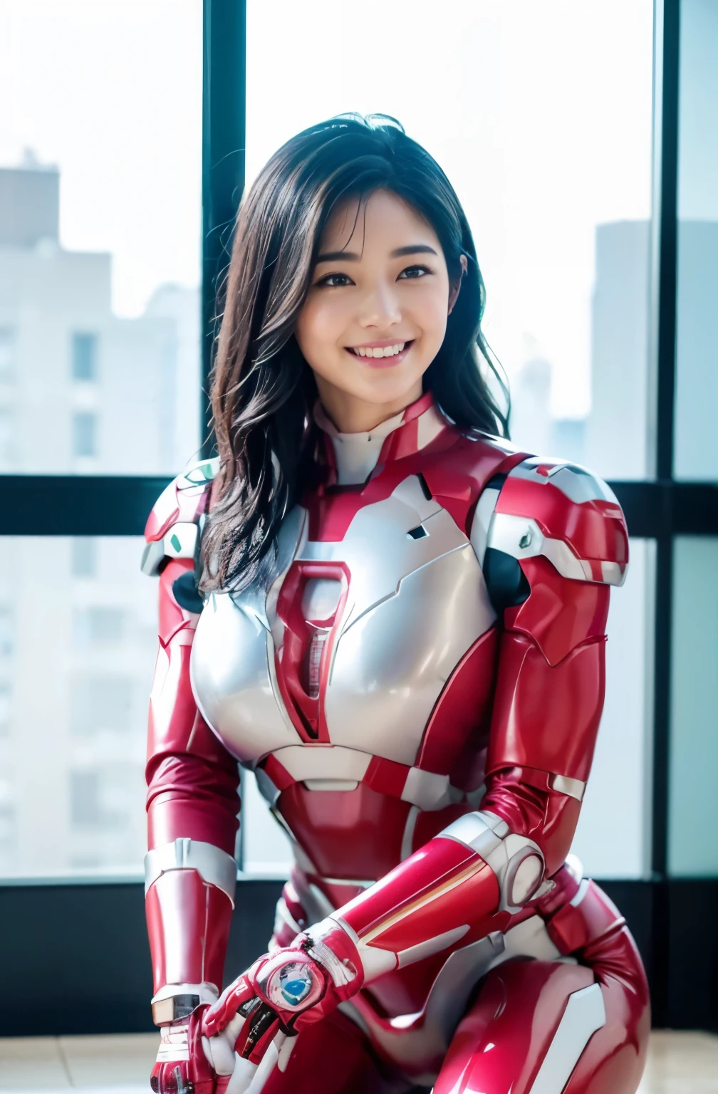 （super highest quality、In 8K、Masseter muscle part、delicate illustrations、Stand kneeling:1.2、big breasts:1.4, Wearing a light pink and white Iron Man suit:1.3)、A beautiful and bewitching Japanese 25-year-old woman、plump body、curly black hair、smile、pool