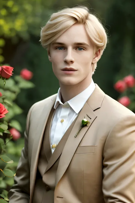 a young man, golden blonde hair, valentines suit with rose, whole body, in castle, masterpiece, realistic, 8k, detailed, in a ga...