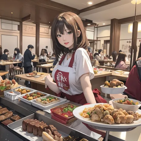 最高masterpiece、realistic anime images、masterpiece、1 girl、23 years old、（standing position、looks fun、put food on a tray）、（Buffet st...