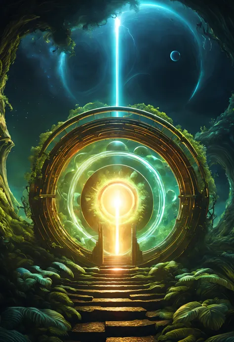 the gate of time and space，web portals，wormhole，swirl，connected, alien worlds and alien jungles，alien creatures，lightning，wave，l...