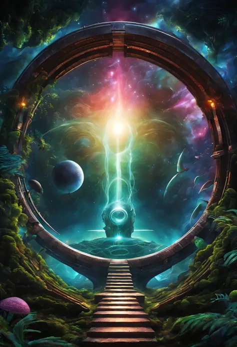 the gate of time and space，web portals，wormhole，swirl，connected, alien worlds and alien jungles，alien creatures，