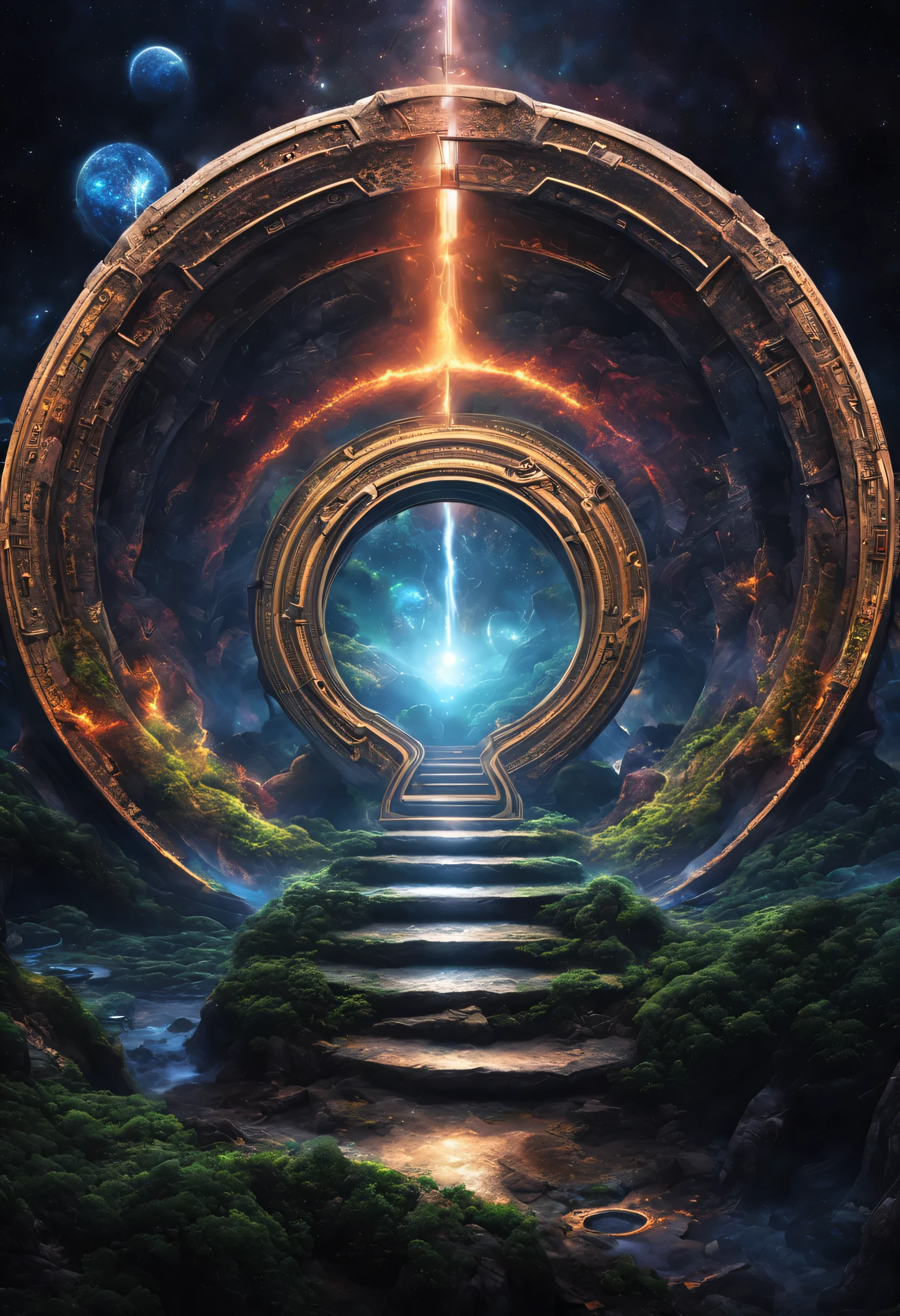 A poster of a stairway leading to a portal with a light coming out ...