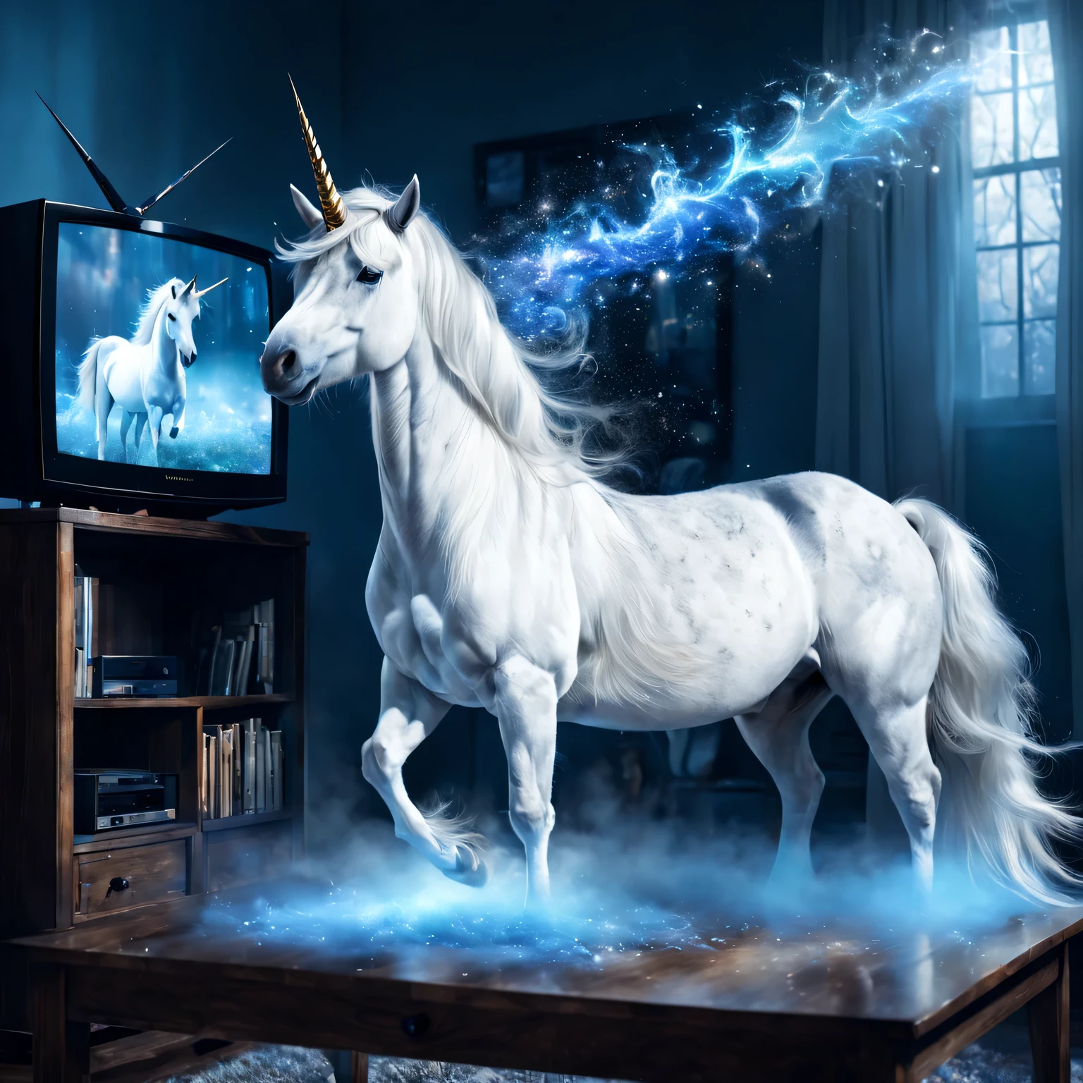 Double exposure photo, showing a TV and a unicorn coming out of it., TV on the table, a beautiful white unicorn with its details and clear textures comes out of the TV and spreads a magical blue mist and blue magic sparks around, outline of the fairy world of a unicorn, the texture of the skin and fur is visible in the magical blue mist. The unicorn is clearly shown., pay attention to the unicorn&#39;s emotions and expressive eyes, unicorn looks at viewer, great depth of field, a high resolution, Extremely realistic, extremely detailed, cinematic treatment, HDR, photorealistic, the masterpiece, (double exposure:1,3)