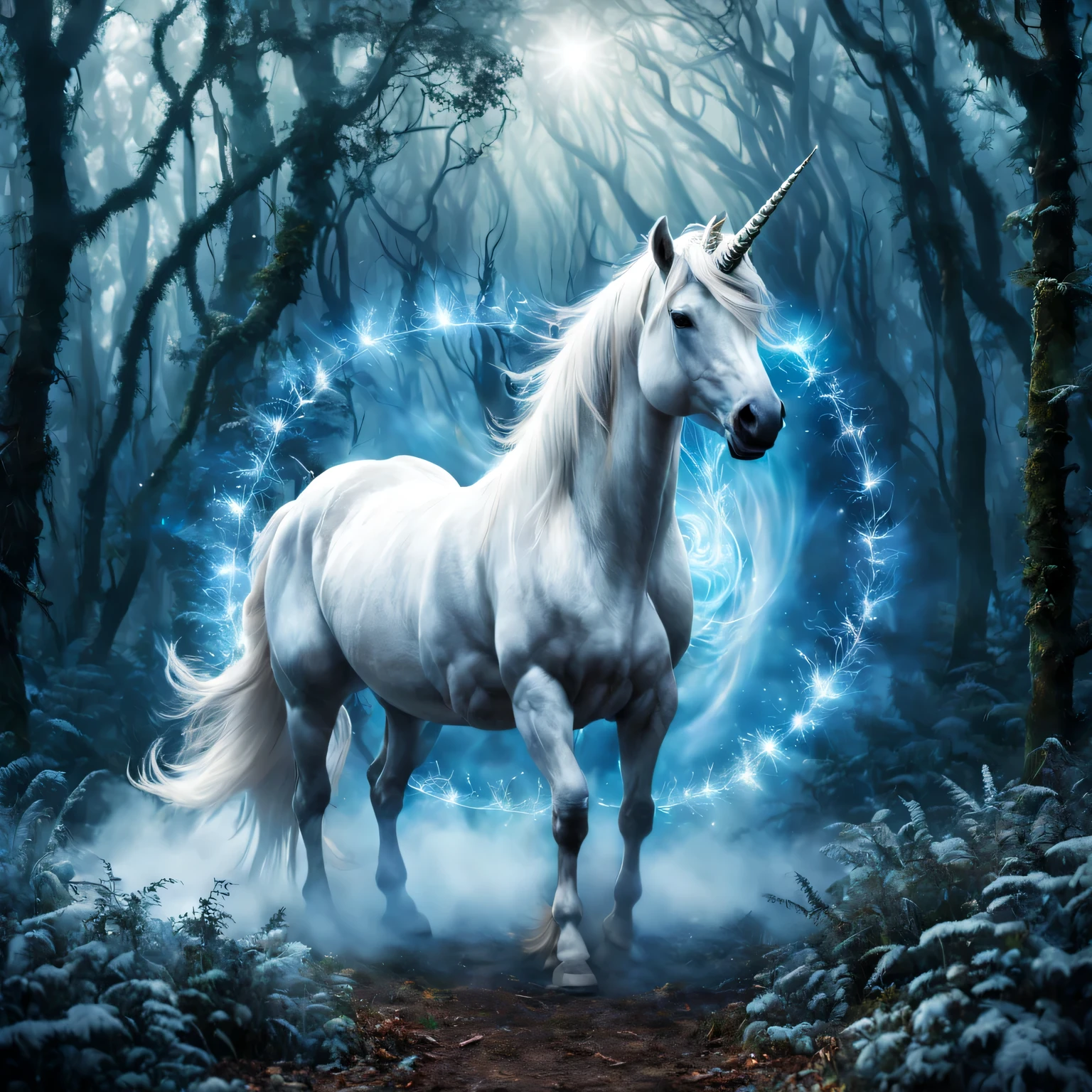 Double exposure photo, showing a TV and a unicorn coming out of it., TV on the table, a beautiful white unicorn with its details and clear textures comes out of the TV and spreads a magical blue mist and blue magic sparks around, outline of the fairy world of a unicorn, the texture of the skin and fur is visible in the magical blue mist. The unicorn is clearly shown., pay attention to the unicorn&#39;s emotions and expressive eyes, unicorn looks at viewer, great depth of field, a high resolution, Extremely realistic, extremely detailed, cinematic treatment, HDR, photorealistic, the masterpiece, (double exposure:1,3)