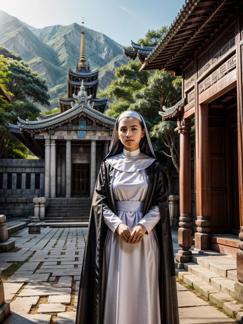 young nun standing near a temple