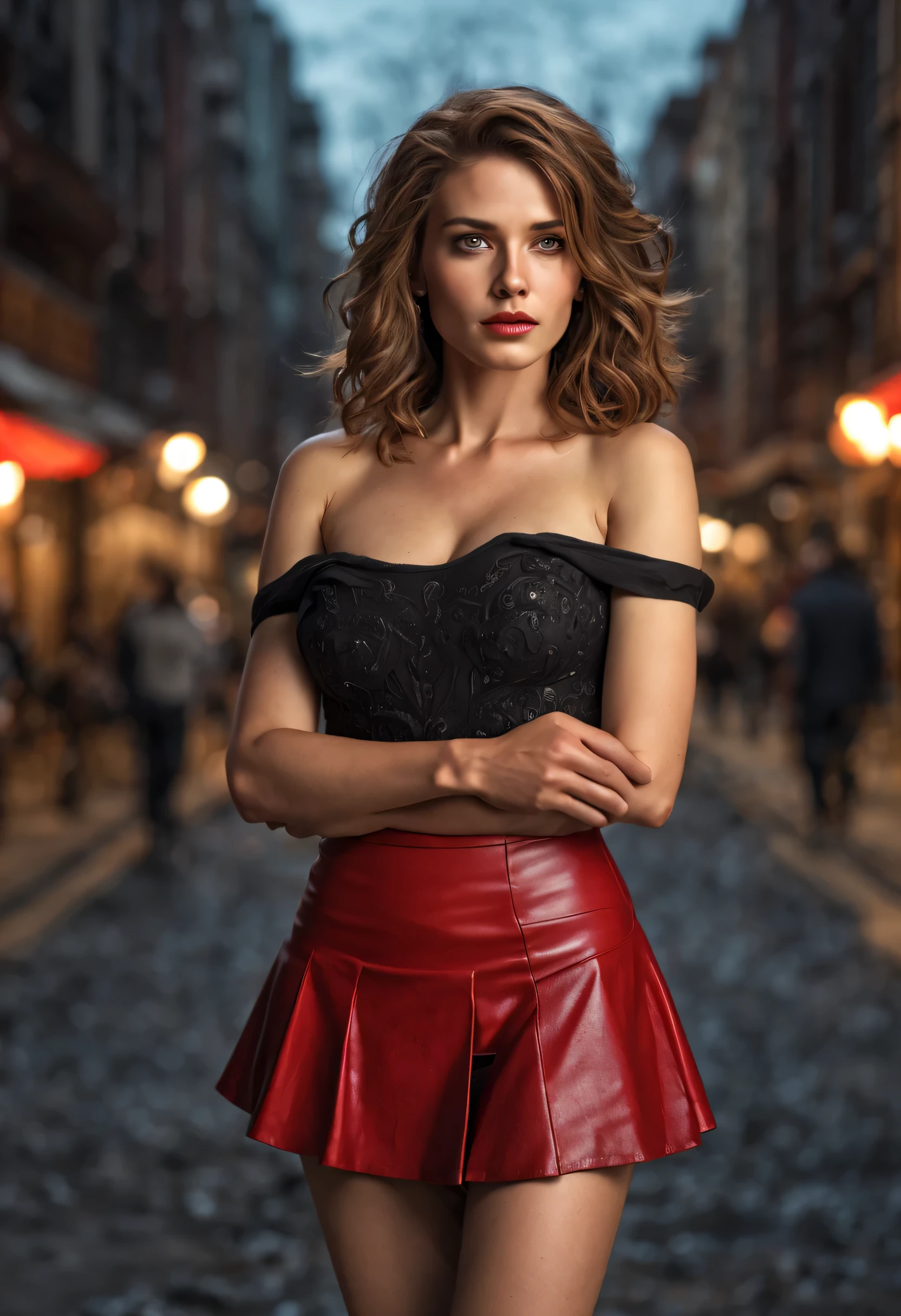 surréaliste, photographie hyperréaliste, Style numérique Canon R5 f8.0, Illuminer les cheveux en désordre , Jupe en cuir rouge, Gants en cuir rouge, La scène se déroule la nuit dans une ville bien éclairée, Fournir un portrait complet du visage, yeux gris clairs et brillants, 24k, détails complexes, très détaillé, Peau avec pores et villosités, Symétrique, Vladimir Volegov (Vladimir Volegov) et Fabian Pérez (Fabian Perez) Créez un art d&#39;éclairage puissant sur le côté gauche, Édith Lebeau (Édith Lebeau) Style artistique, La lumière des cheveux longs en désordre , Observez les caméras à différents endroits, Riccardo Federici chef-d&#39;œuvre d&#39;art complexe peinture mate détaillée du visage affiche de film nombre d&#39;or tendance sur cgsociety complexe épique tendance sur artstation par artgerm h. r. Giger et Beksinski, très détaillé且充满活力的人物制作表现, Modèle de très haute qualité exigé par Spencer&#39;l&#39;art,