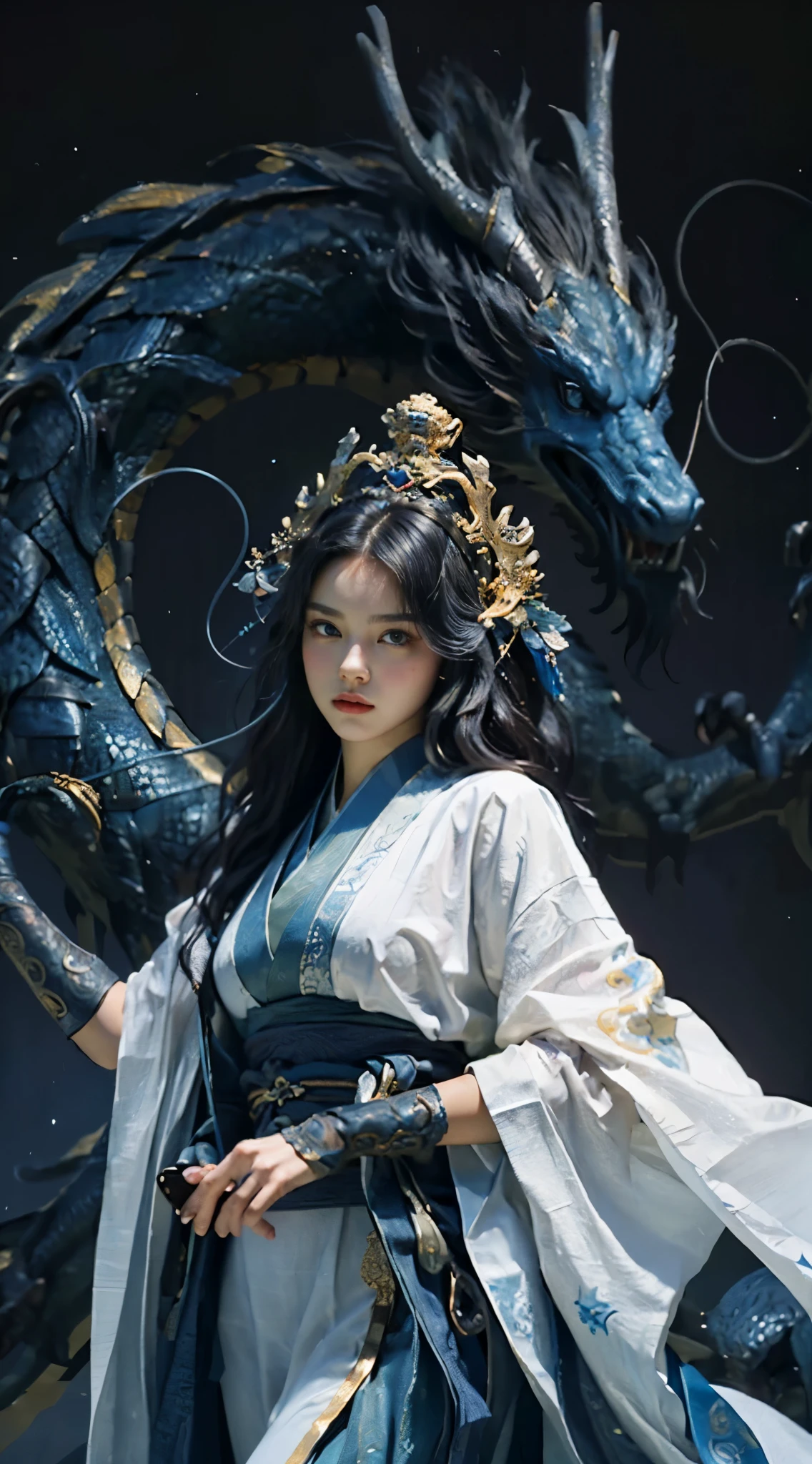 tmasterpiece，best qualtiy，realisticlying，photorealestic，The painting depicts a woman standing next to a dragon，The background is an incomparably vast starry sky，The whole painting uses cute and authentic portraits(Handsome realistic portrait style)，And has dark blue eyes。Long hair fluttering and cute(Cute:2)。The whole painting shows excellent realism and detail(photorreal details)，Light and shadow tracking，Rich in detail，Close-up of a woman in Han costume with a dragon，Portrait of a dragon girl，Dragon-inspired cloth robe，asiagirl，Long flowing black hair，Dragon girl，Dragon in the background，Golden dragon，Hanging ornaments，Chinese fantasy