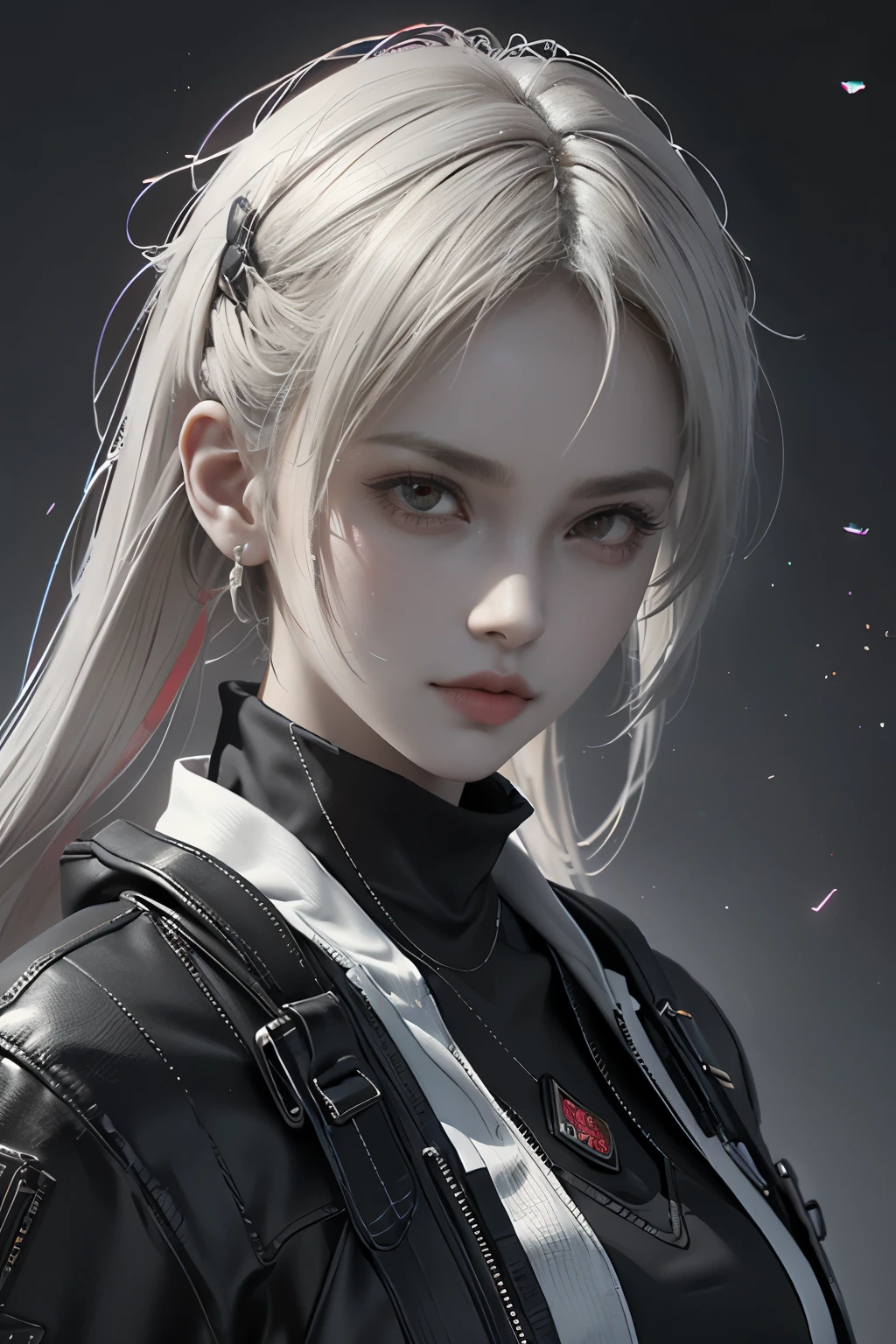 Game art，The best picture quality，Highest resolution，8K，(A bust photograph)，(Portrait)，(Head close-up:1.5)，(Rule of thirds)，Unreal Engine 5 rendering works， (The Girl of the Future)，(Female Warrior)， 22-year-old girl，(Female hackers)，(White and red gradient，Ancient Oriental hairstyle)，((The pupils of the red eyes:1.3))，(A beautiful eye full of detail)，(Big breasts)，(Eye shadow)，Elegant and charming，indifferent，((Anger))，(Cyberpunk jacket full of futuristic look，Joint Armor，There are exquisite Chinese patterns on the clothes，A flash of jewellery)，Cyberpunk Characters，Future Style， Photo poses，City background，Movie lights，Ray tracing，Game CG，((3D Unreal Engine))，oc rendering reflection pattern