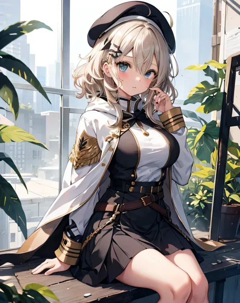 masterpiece,1girl, sparrow, a silver blonde haired girl, wearing a military uniform, curly medium hair, messy hair, black skirt, slim body, wearing golden capelet with white hoody, big breasts, she close her left eye, shirt ornament, lolippai, lovely expre...