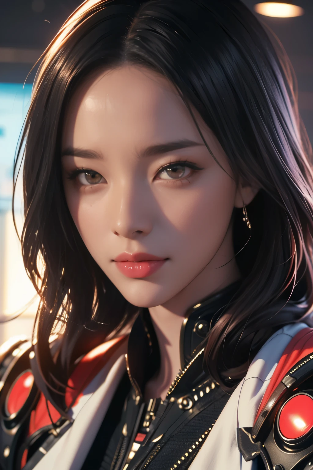 Game art，The best picture quality，Highest resolution，8K，(A bust photograph)，(Portrait)，(Head close-up:1.5)，(Rule of thirds)，Unreal Engine 5 rendering works， (The Girl of the Future)，(Female Warrior)， 22-year-old girl，(Female hackers)，(White and red gradient，Ancient Oriental hairstyle)，((The pupils of the red eyes:1.3))，(A beautiful eye full of detail)，(Big breasts)，(Eye shadow)，Elegant and charming，indifferent，((Anger))，(Cyberpunk jacket full of futuristic look，Joint Armor，There are exquisite Chinese patterns on the clothes，A flash of jewellery)，Cyberpunk Characters，Future Style， Photo poses，City background，Movie lights，Ray tracing，Game CG，((3D Unreal Engine))，oc rendering reflection pattern