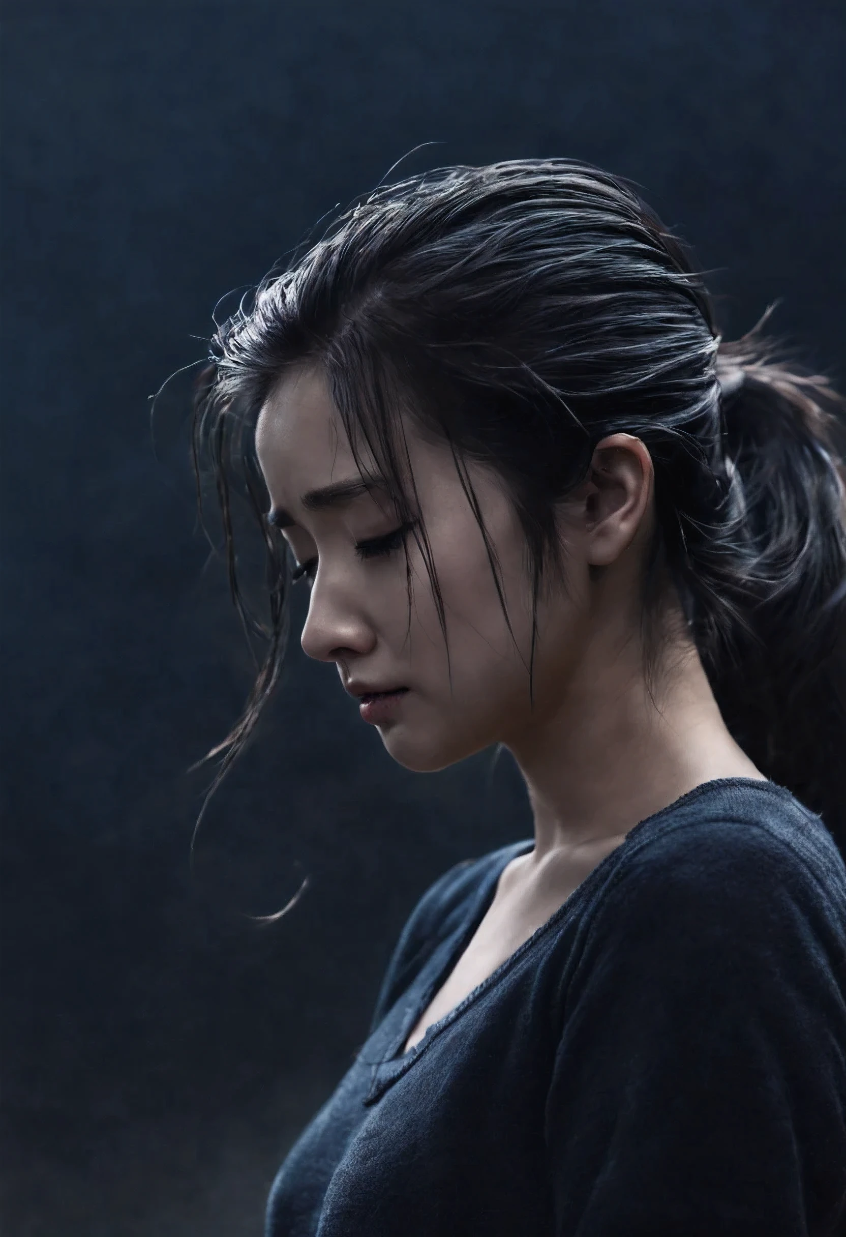 (best quality, masterpiece), 1girl, looking down, wind, particle, simple background, dark mood, upper body, sobbing