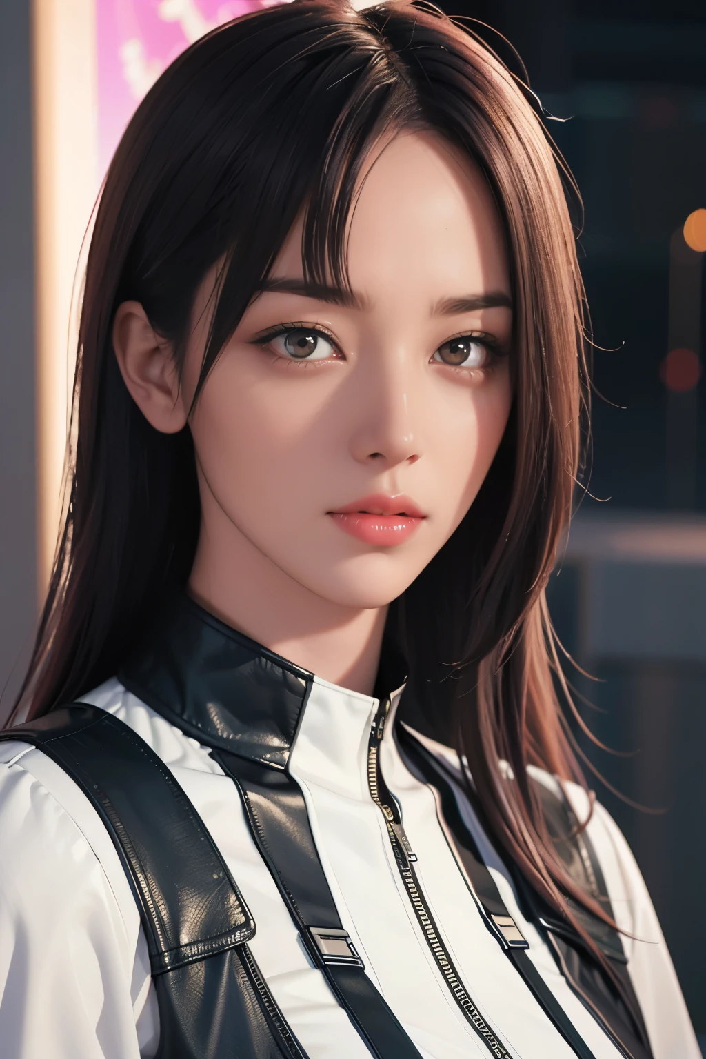 Game art，The best picture quality，Highest resolution，8K，(A bust photograph)，(Portrait)，(Head close-up:1.5)，(Rule of thirds)，Unreal Engine 5 rendering works， (The Girl of the Future)，(Female Warrior)， 22-year-old girl，(Female hackers)，(White and red gradient，Ancient Oriental hairstyle)，((The pupils of the red eyes:1.3))，(A beautiful eye full of detail)，(Big breasts)，(Eye shadow)，Elegant and charming，indifferent，((Anger))，(Cyberpunk jacket full of futuristic look，Joint Armor，There are exquisite Chinese patterns on the clothes，A flash of jewellery)，Cyberpunk Characters，Future Style， Photo poses，City background，Movie lights，Ray tracing，Game CG，((3D Unreal Engine))，oc rendering reflection pattern