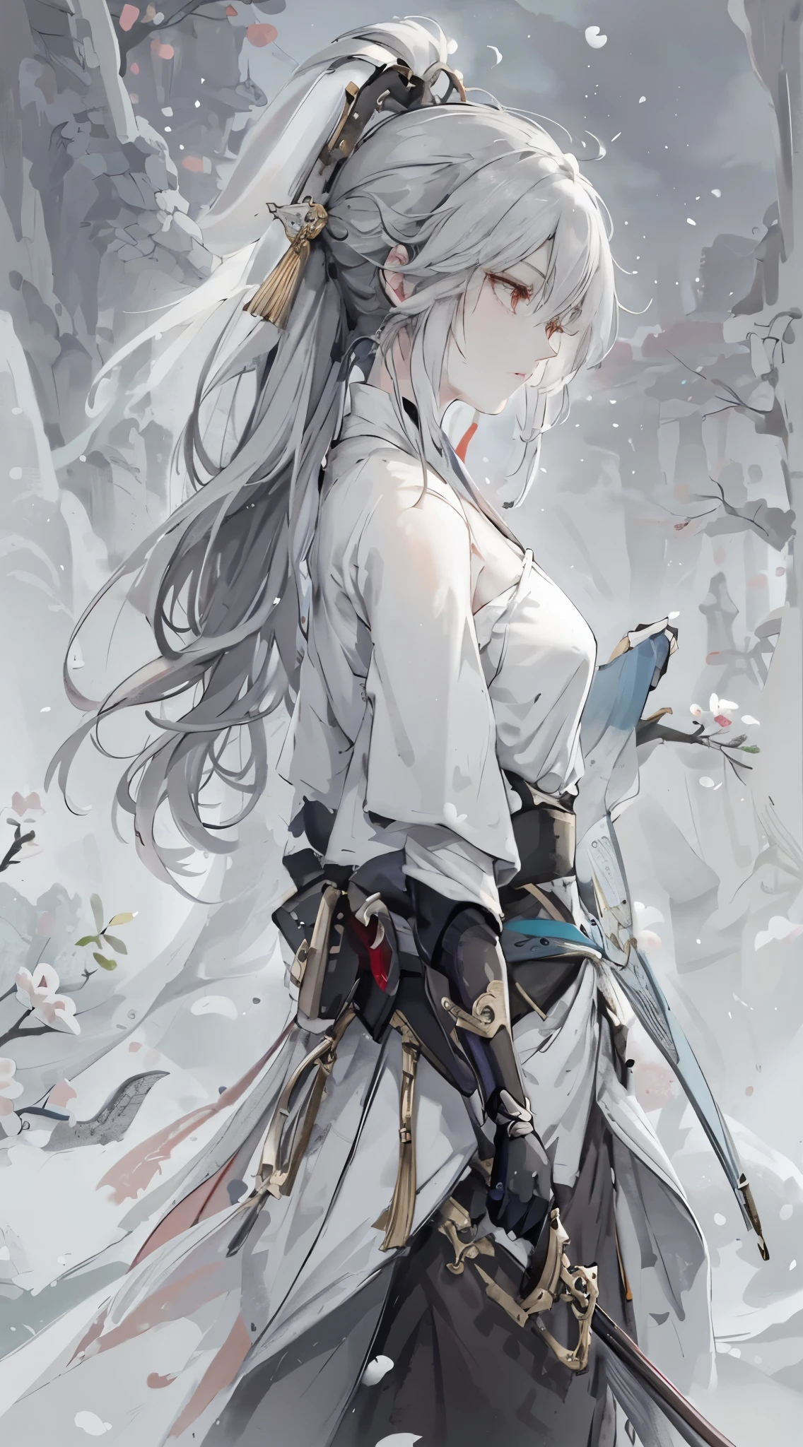 a close up of a woman with a sword in a white dress, a character portrait by Yang J, trending on cgsociety, fantasy art, beautiful character painting, artwork in the style of guweiz, guweiz, white hanfu, flowing white robes, full body wuxia, epic exquisite character art, stunning character art, beautiful female assassin，more details,