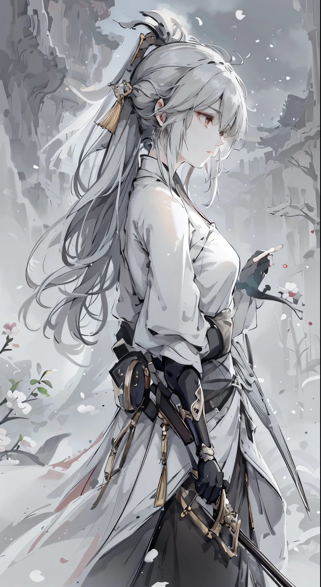 a close up of a woman with a sword in a white dress, a character portrait by Yang J, trending on cgsociety, fantasy art, beautiful character painting, artwork in the style of guweiz, guweiz, white hanfu, flowing white robes, full body wuxia, epic exquisite character art, stunning character art, beautiful female assassin，more details,