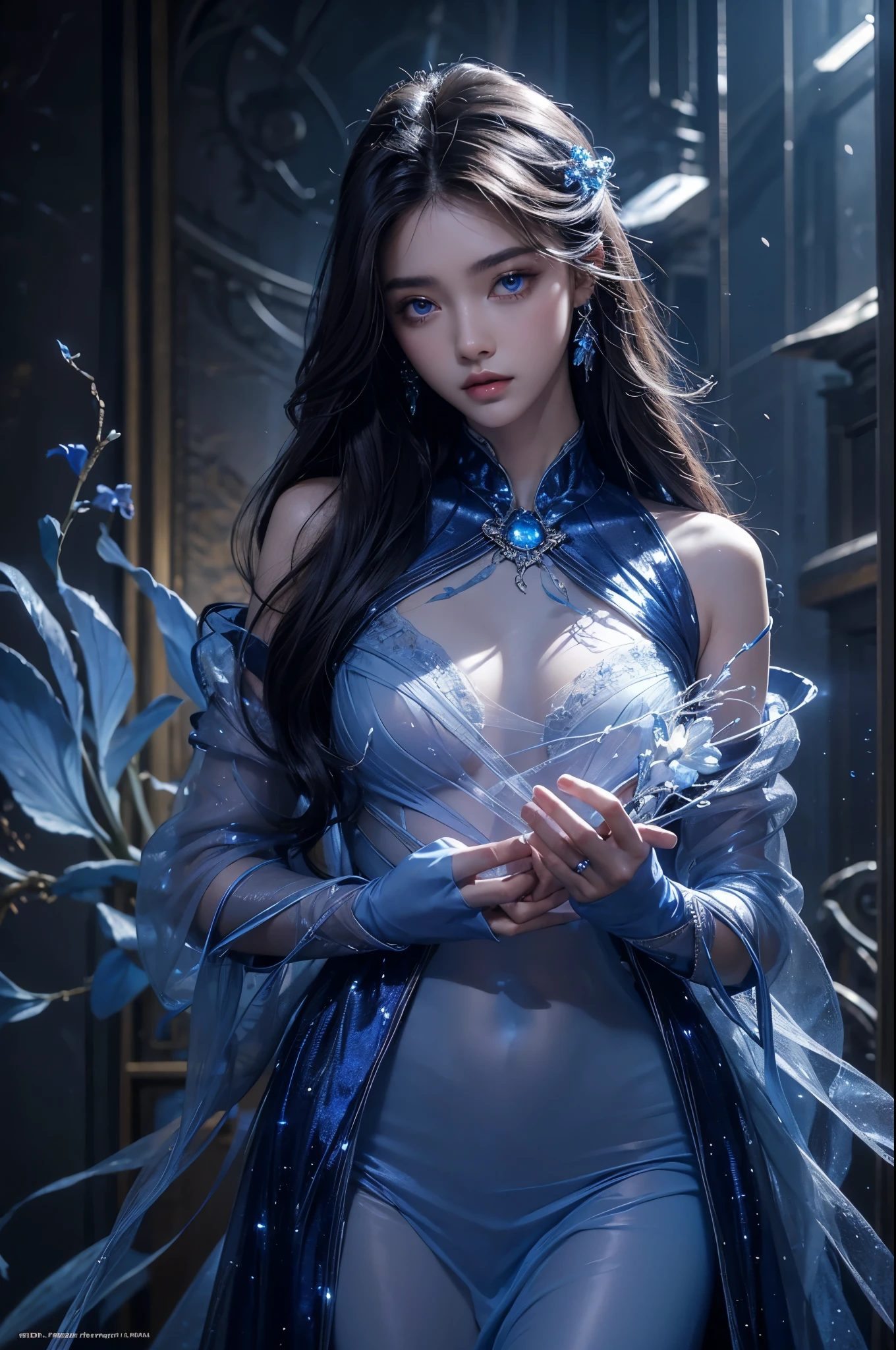 Full figure, seven -clinging shooting, 18 years old, wearing transparent science fiction clothes, exquisite faces, details, hands, ultimate details, amazing magnificence, LED internal lighting, Pedaipan style, fiber hair, glowing blue iris, glowing blue iris. ,,