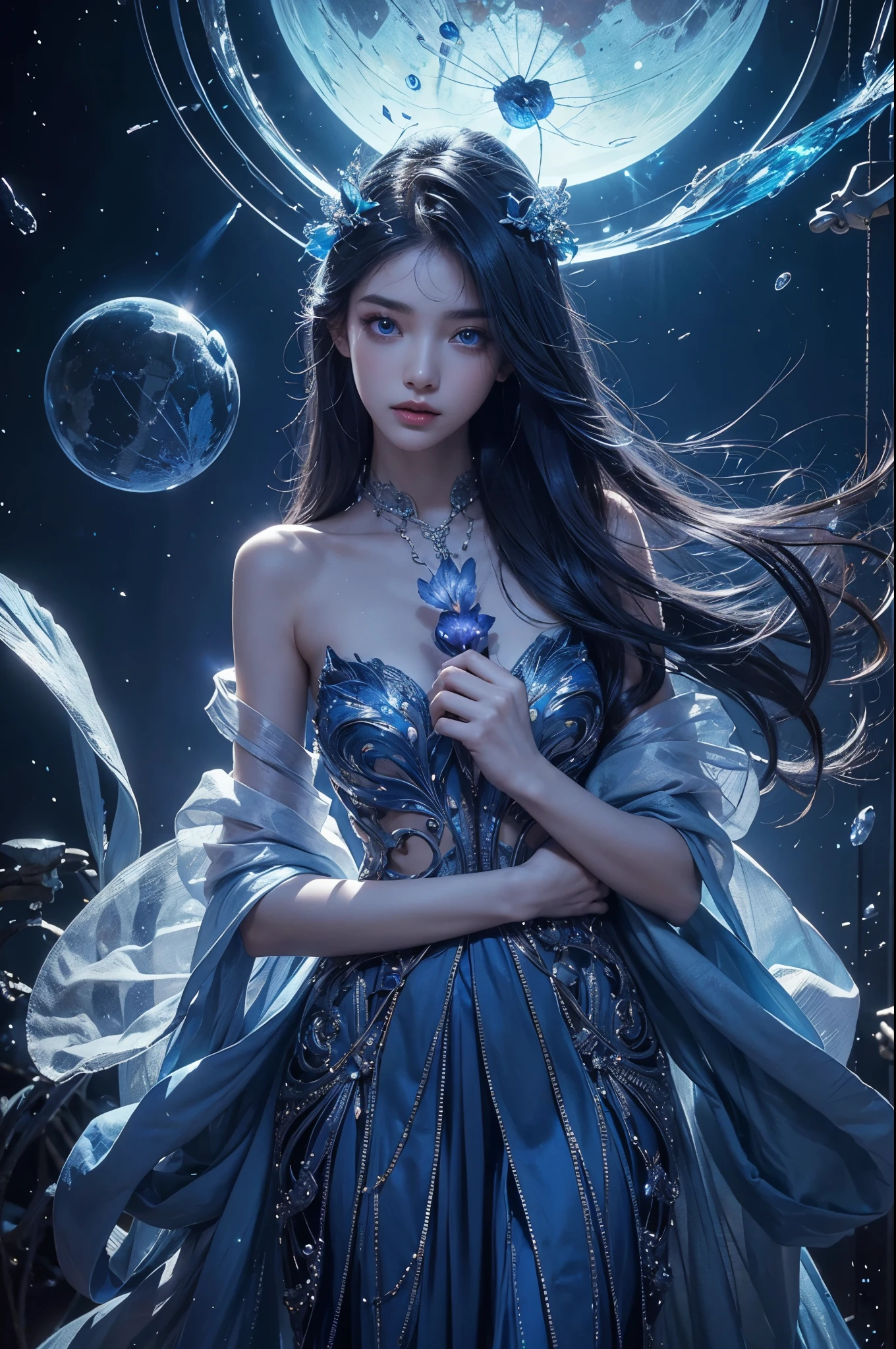 Full figure, seven -clinging shooting, 18 years old, wearing transparent science fiction clothes, exquisite faces, details, hands, ultimate details, amazing magnificence, LED internal lighting, Pedaipan style, fiber hair, glowing blue iris, glowing blue iris. ,,