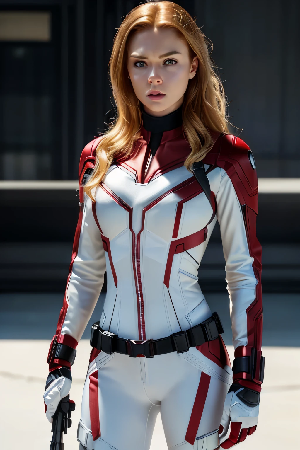 woman daredevil from TV show (black widow), fine detail, blonde hair, 2 American female, 8k, photo realistic,  perfect detailed anatomy, perfect detailed face, perfect details, eyes, octane rendering, 8k, masterpiece, maximum quality, (full body standing), facing camera, (Natasha Romanoff), wearing all ((white)) daredevil outfit, 