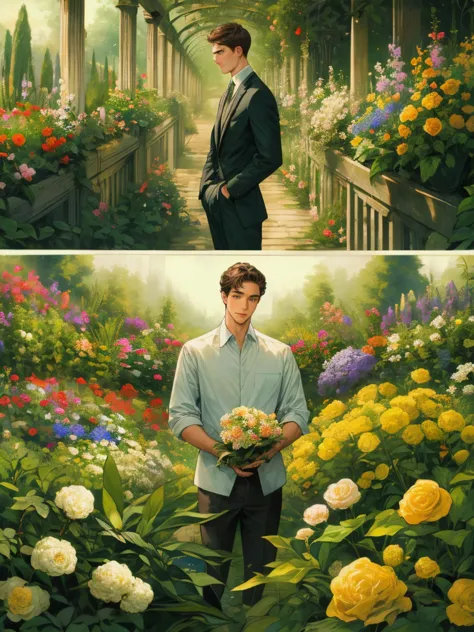 masterpiece, collage of man holding flowers, garden