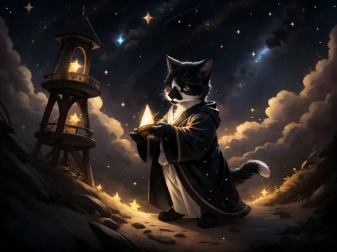 Leo, a black and white bicolor cat, black lower lip, standing on hind legs, slightly chonky, wearing astronomers robe, in a magical stargazing tower, looking through an ancient magical telescope pointed at the starry sky