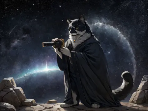 Leo, a black and white bicolor cat, black lower lip, standing on hind legs, slightly chonky, wearing astronomers robe, in a magical stargazing tower, looking through an ancient magical telescope pointed at the starry sky, realistic
