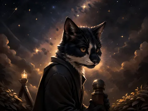 By kenket, Leo, a black and white bicolor cat, black lower lip, standing on hind legs, slightly chonky, wearing astronomers robe...