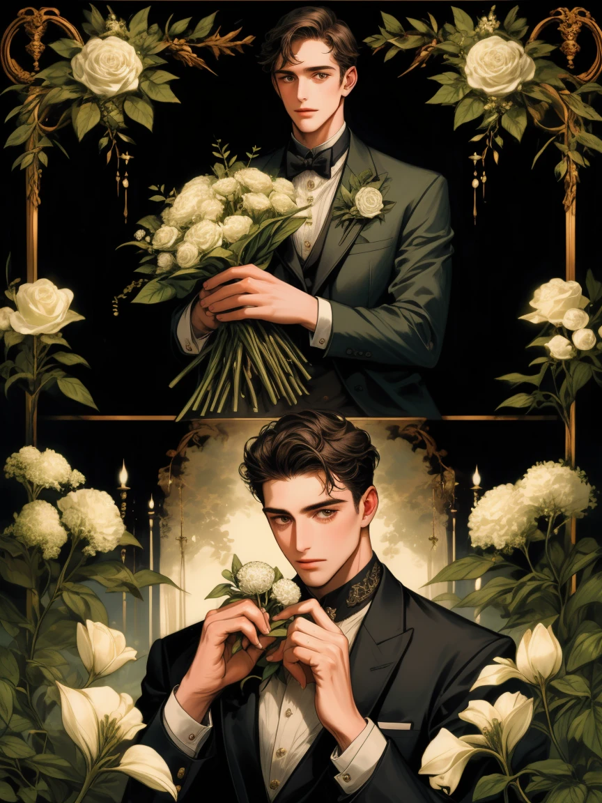 masterpiece, collage of man holding flowers, 