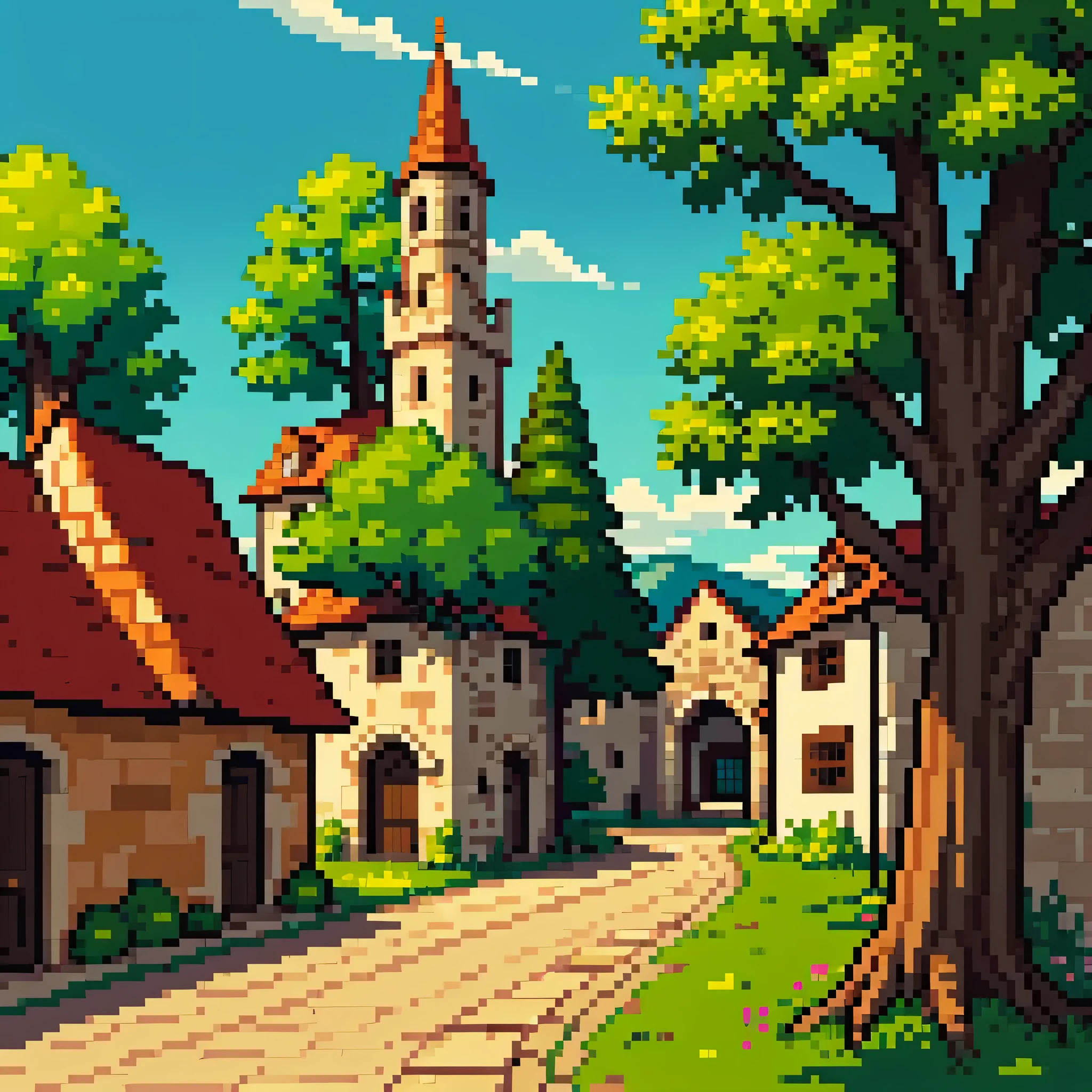 (best qualityer,4K,8K,high resolution,work of art:1.2), ultra detali, realisitic:1.37, pixel art, medieval city made in pixel art, landscapes around the city, Detailed buildings, Ruas movimentadas, vibrant market, imposing castle, cobblestone roads, lively city dwellers, colorful houses, winding river, lush forests, rolling hills, majestic mountains, clear blue sky, warm sunlight, subtle shadows.