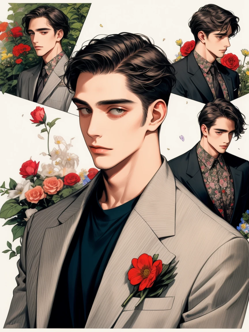 masterpiece, collage of man holding flowers, 