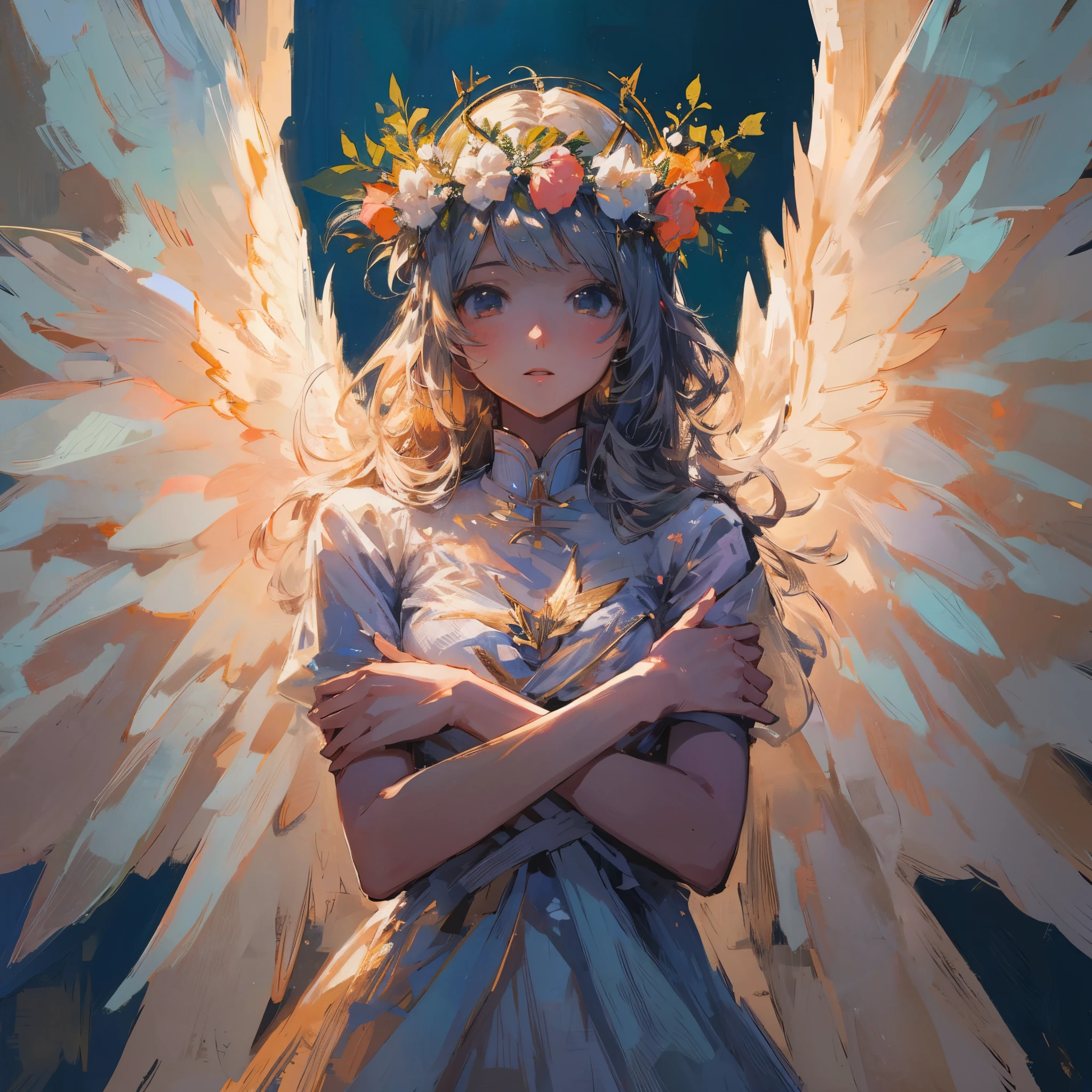 painting of a woman with wings and a flower crown, of an beautiful AngelicGirl, beautiful angel, of beautiful angel, portrait of a beautiful angel, beautiful female angel, AngelicGirl, beautiful AngelicGirl portrait, girl angel with wings, Angelic girl with wings, glowing Angelic being, Angelical, Written by Marie Angell, Lots of Angelic pictures, full body angel, Angelic