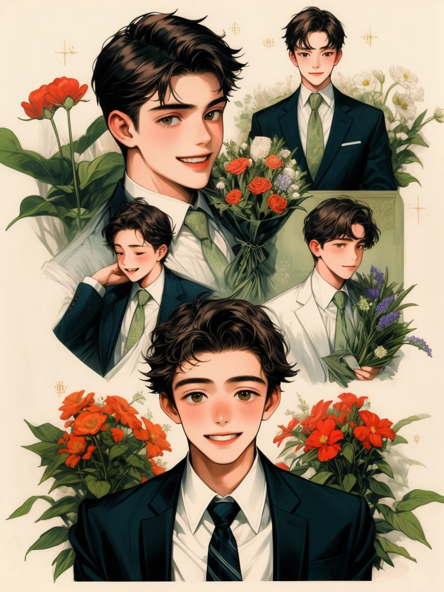 masterpiece, collage of teenage boy holding flowers, happy