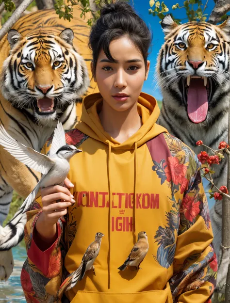a close up of a person holding a bird and a bird in front of a tiger, realistic