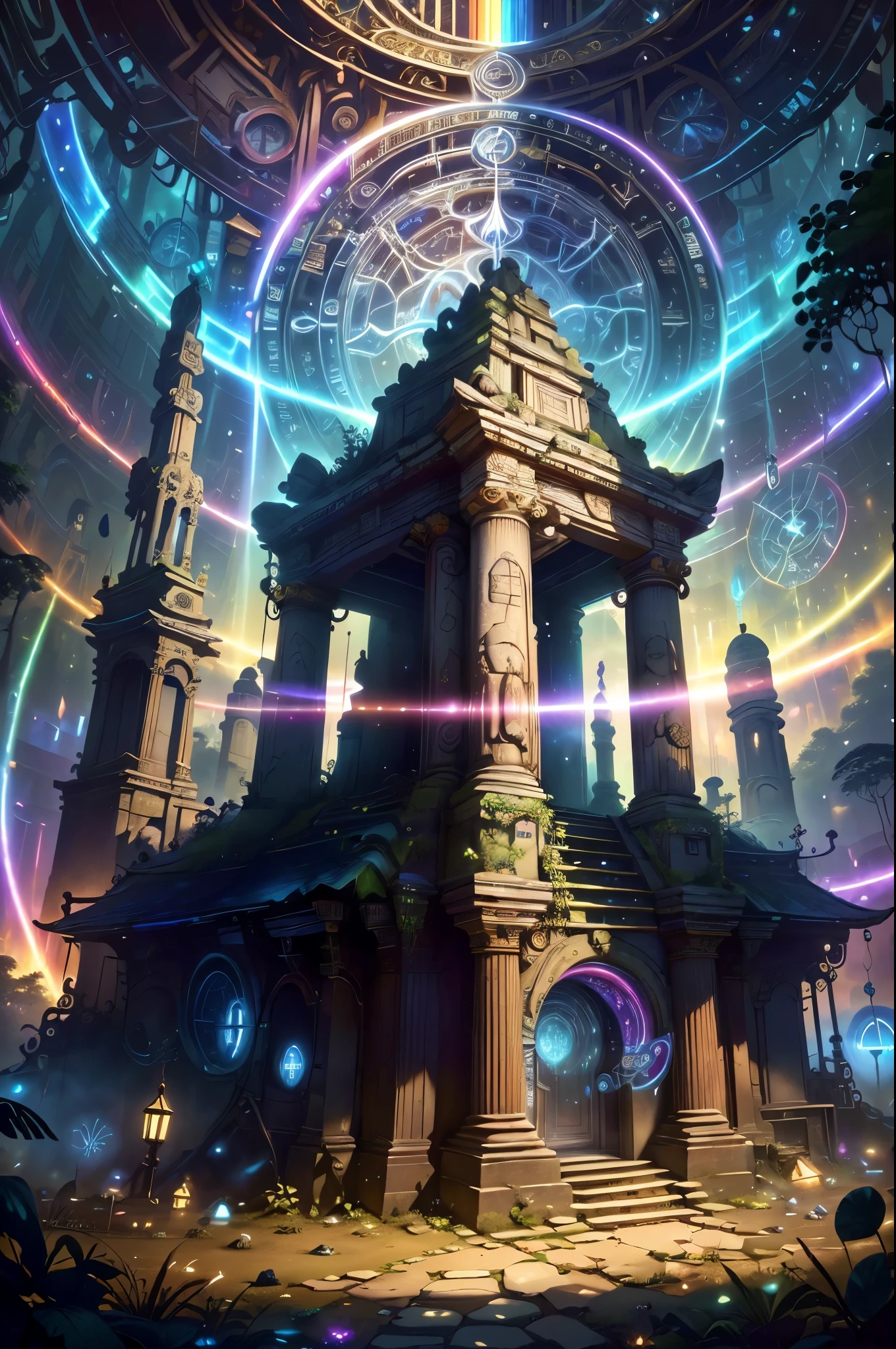 (best quality,8k,ultra-detailed,high-res,masterpiece:1.2),complex details,wallpaper,chronomancy AI,(rainbow-colored large portal to another dimension), ((gateway)), (hidden depths of the jungle:1.2),forgotten ancient temple,altar,staircase