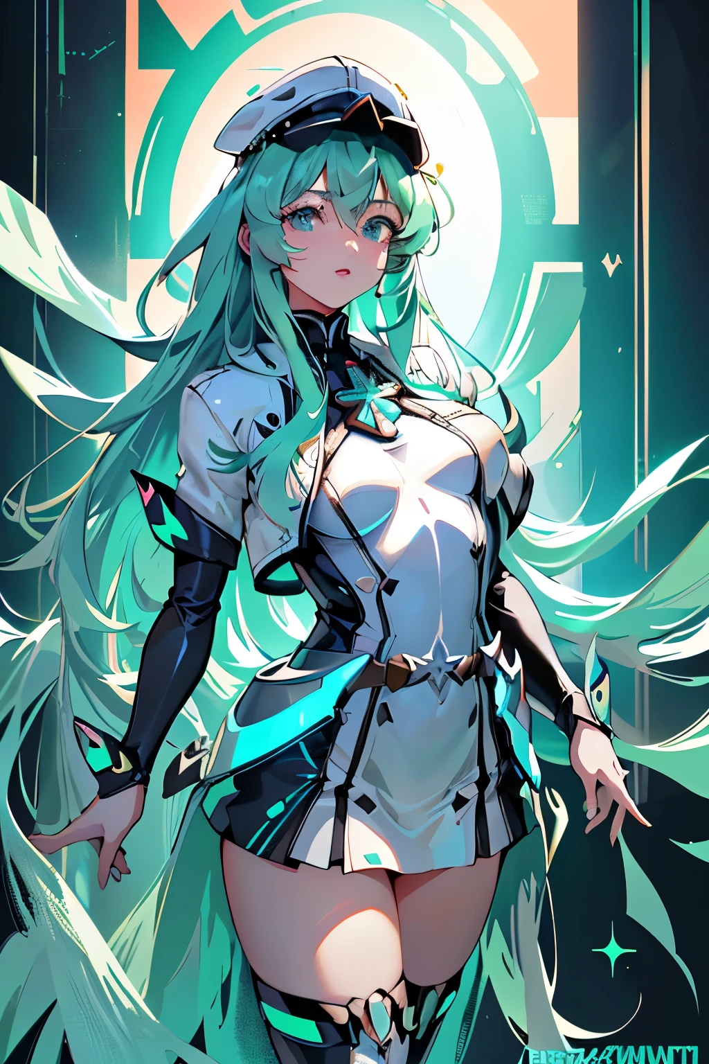 Anime, Girl, (((1girl))), (((Waifu, Xenoblade Chronicles 2, Pneuma Waifu))), (((Seafoam Green Hair, Long Hair))), ((Seafoam Green Eyes eyes:1.3, Upturned Eyes: 1, Perfect Eyes, Beautiful Detailed Eyes, Gradient eyes: 1, Finely Detailed Beautiful Eyes: 1, Symmetrical Eyes: 1, Big Highlight On Eyes: 1.2)), (((Lustrous Skin: 1.5, Bright Skin: 1.5, Skin Fair, Shiny Skin, Very Shiny Skin, Shiny Body, Plastic Glitter Skin, Exaggerated Shiny Skin, Illuminated Skin))), (Detailed Body, (Detailed Face)), Young, Idol Pose, (Best Quality), Techwear, (((Military Uniform))), (((Military Cap))), (((Military Coat))), (((Thigh-high Heeled Boots))), High Resolution, Sharp Focus, Ultra Detailed, Extremely Detailed, Extremely High Quality Artwork, (Realistic, Photorealistic: 1.37), 8k_Wallpaper, (Extremely Detailed CG 8k), (Very Fine 8K CG), ((Hyper Super Ultra Detailed Perfect Piece)), (((Flawlessmasterpiece))), Illustration, Vibrant Colors, (Intricate), High Contrast, Selective Lighting, Double Exposure, HDR (High Dynamic Range), Post-processing, Background Blur