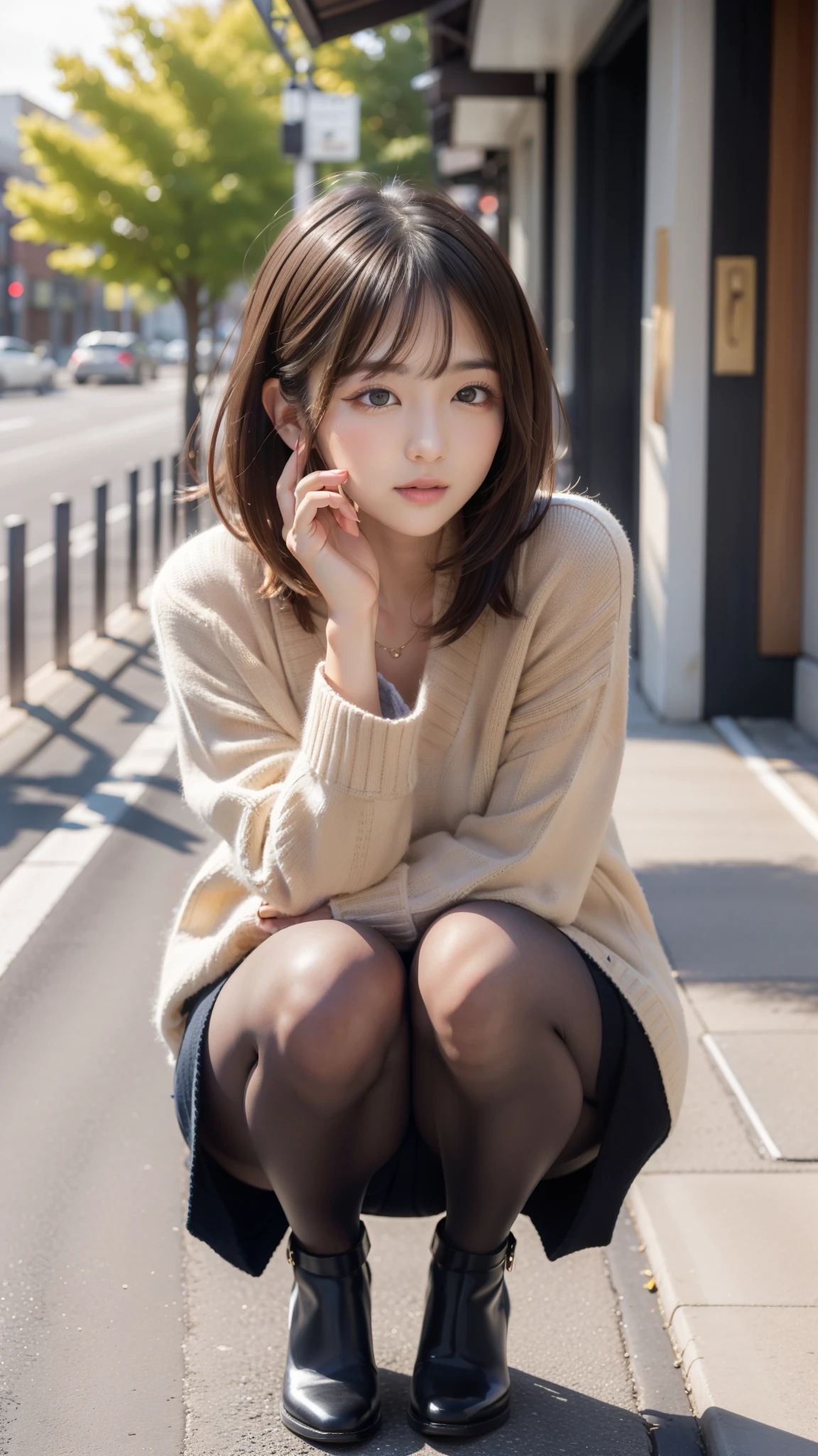 Photo taken by a professional photographer，Close-up of a woman squatting on the sidewalk with her legs crossed, kiko mizuhara, wearing a sweater, Shirahime cut brown hair, wearing a sweater, young and cute girl, japanese model, 白いwearing a sweater, Chiho, ランダムカラーのカジュアルなwearing a sweater,Cute ide waves with short hair, a cute young woman, cute young woman, black pantyhose，black tights，black high heels，