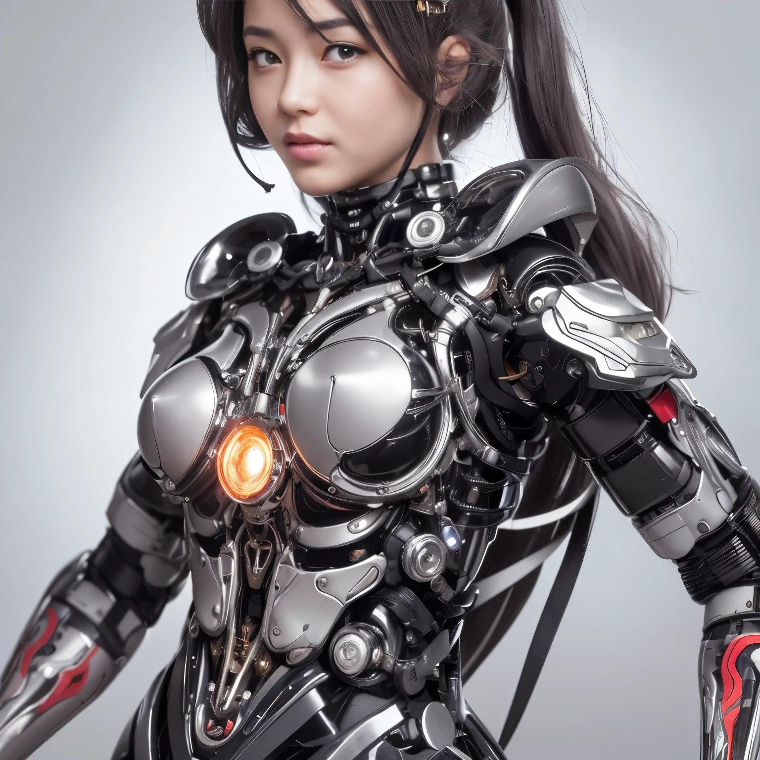 beautiful face,face is Japan, 1 female, big, Curvaceous, (16k, RAW photo, highest quality, masterpiece: 1.2), (HDR, realistic, realistic: 1.37) (Tube attached to the body), (Bikini Cyborg Robot Parts)))), (light gray hair), long hair, wavy hair, twin tails, medium shot, ( enchanting smile)), (black eye), double eyelid, princess cut, from below, (whole body),take a pose,,In the laboratory,( Tubes connected to blood vessels),((mechanical vertebrae attached to the back)),((Mechanical neck attached to the neck)),(Wires and cables mounted on the head and body),(character focus),SF,perfect woman image,完璧なanatomy, anatomy, whole bodyショット, Up to four fingers and one thumb relationship,