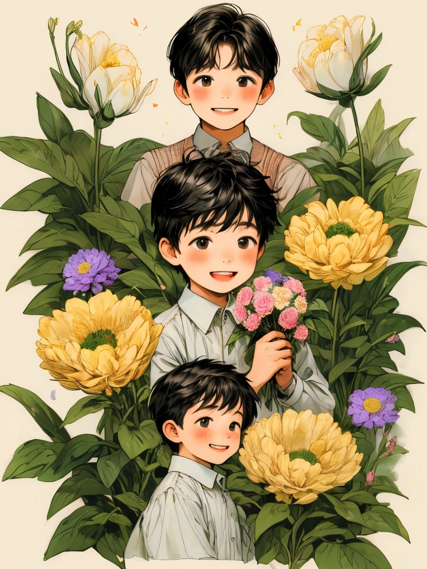 masterpiece, collage of little boy holding flowers, happy