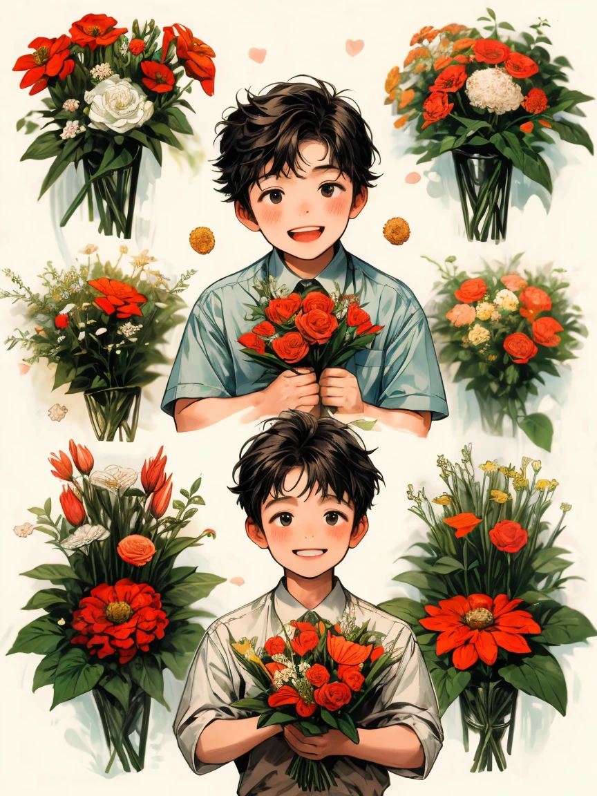 masterpiece, collage of little boy holding flowers, happy
