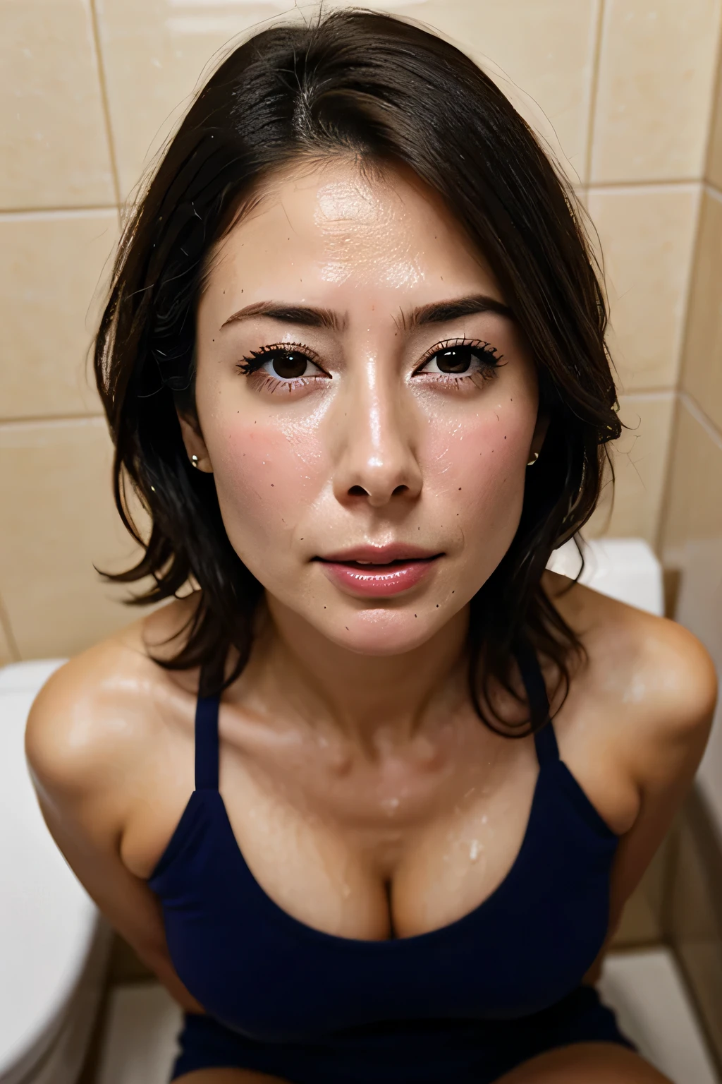 青い便座のトイレに座っている女性がいる Seaart Ai