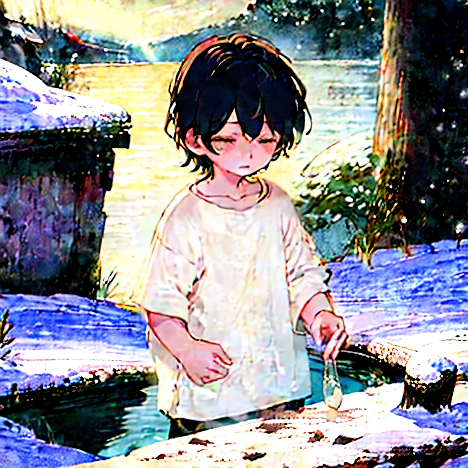 young boy，1male people, tired, night, Shota，Shoulder-length black hair，yellow color eyes，Depicts delicate eyes，Exquisite facial features，extreme hight detail, oversized shirt, white T-shirt, depicts vulnerability, Delicate depiction, tired expression, half closed eyes, loose shirt, big shirt, parks，snow landscape，the night，small frame, Depth of field effect，The upper part of the body。