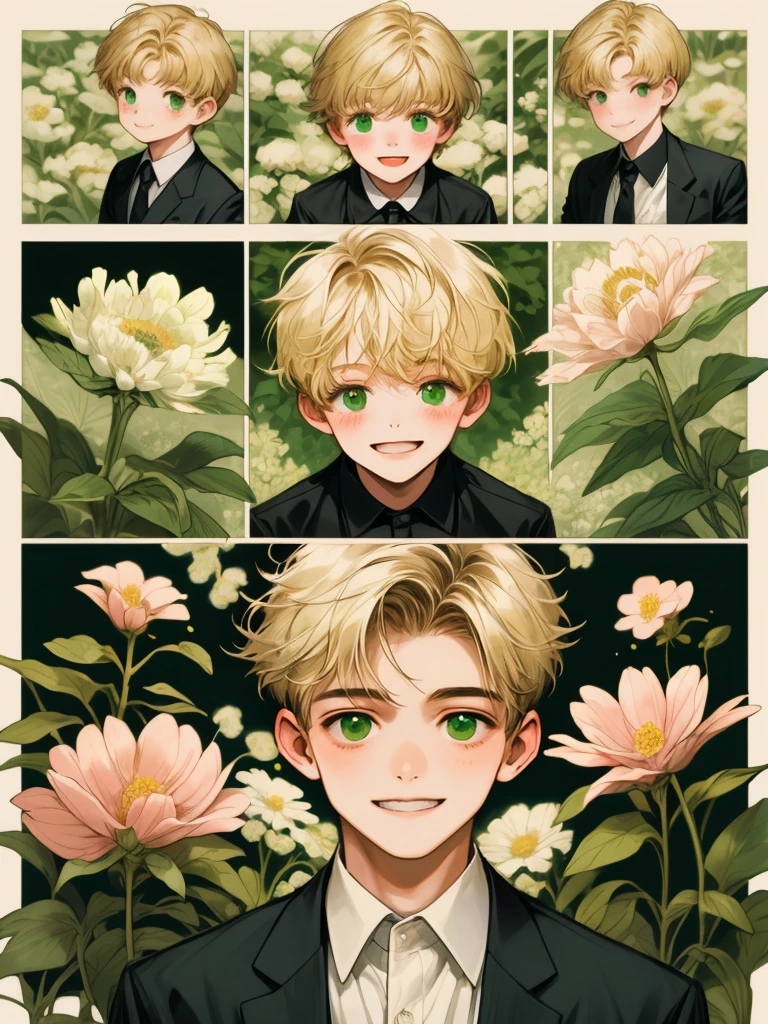 masterpiece, collage of little boy holding flowers, happy, short blond hair