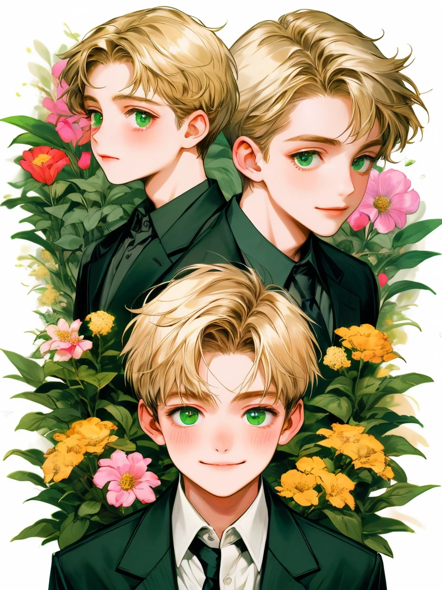 masterpiece, collage of little boy holding flowers, happy, short blond hair