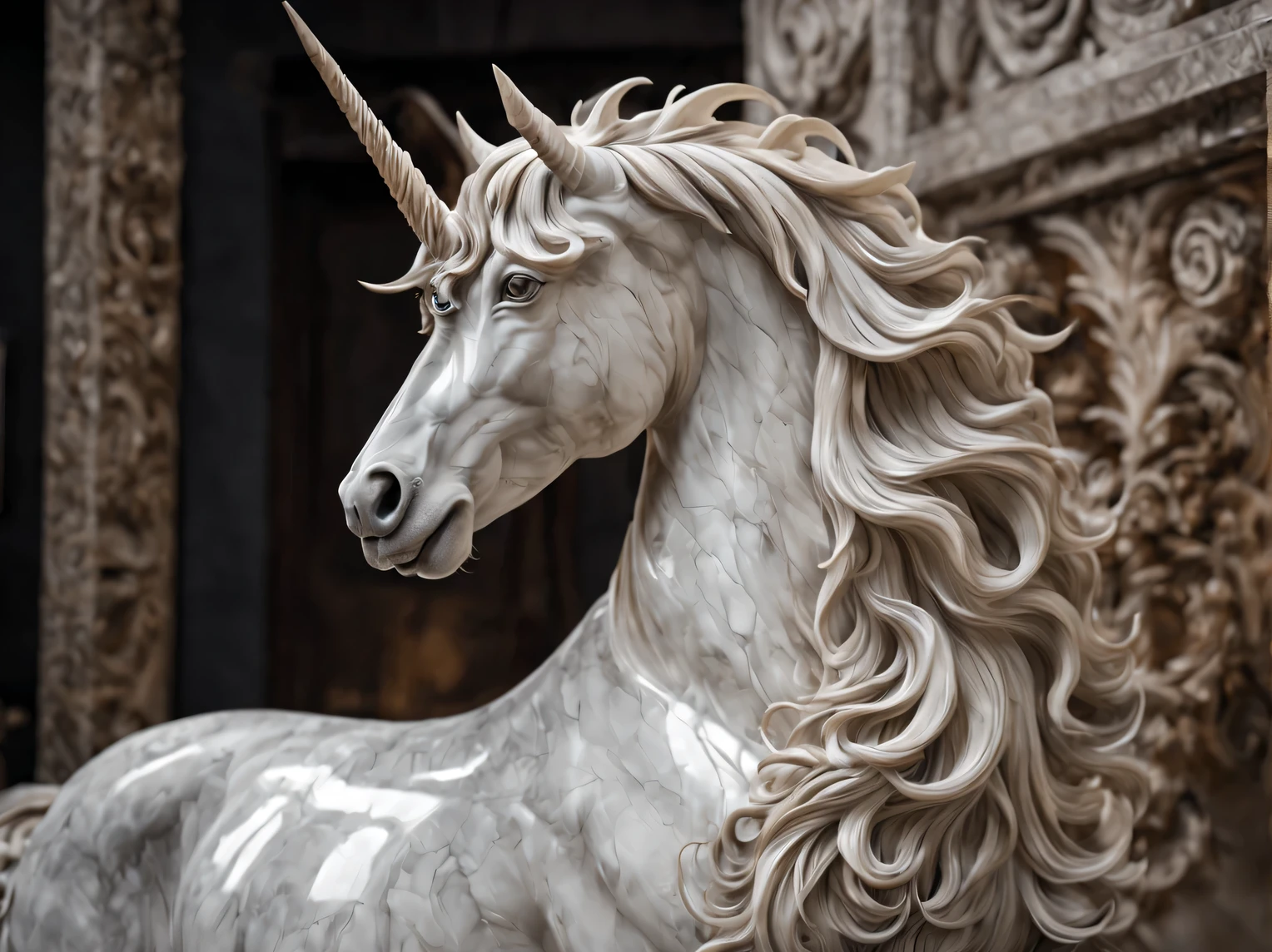 Marble Unicorn Sculpture, whole body, full pose, black and white marble unicorn, work of sculptor Francesco Chirolo, complete imitation of the style of Francesco Chirolo, complex parts, very detailed description, accurate transmission, high detail, dark background, complex parts, High complexity