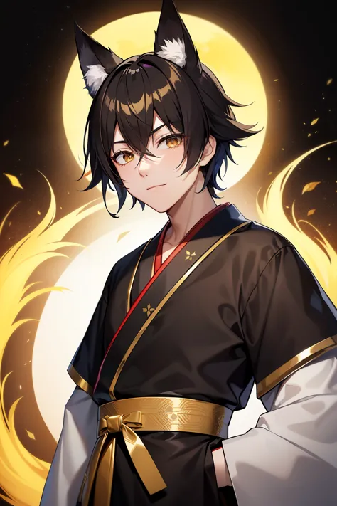 (high-quality, breathtaking),(expressive eyes, perfect face), 1boy, male, solo, kitsune, teenager, black hair , gold coloured ey...