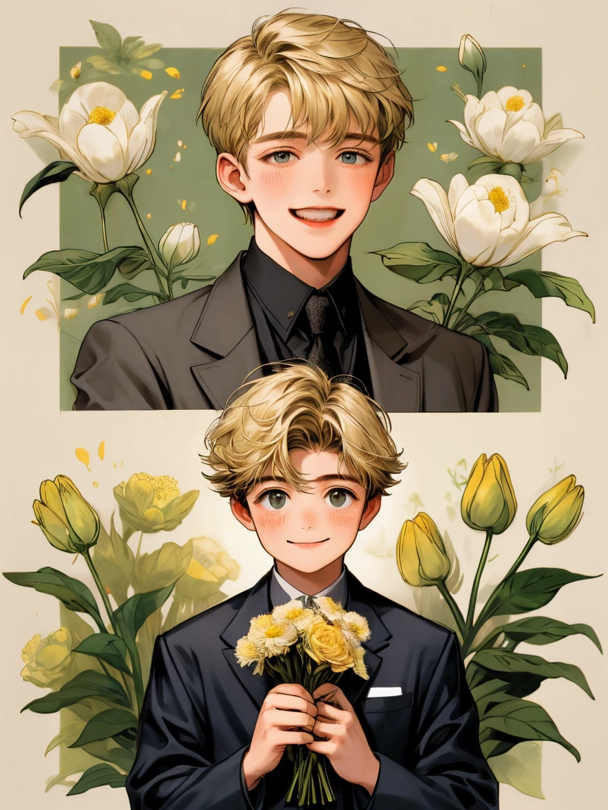 masterpiece, collage of little boy holding flowers, happy, short blond hair