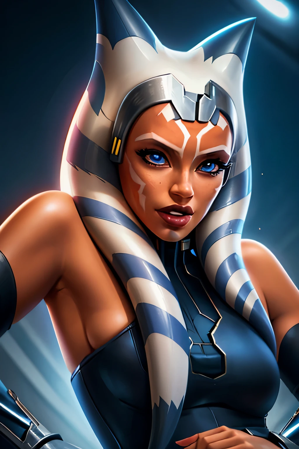 1girl, ahsoka tano, mandalorian armor, sideboob, skinny, leaning forward, close-up, pov, licking finger, naughty face, beautiful face, detailed eyes, depth of field, masterpiece, high quality, highres,  